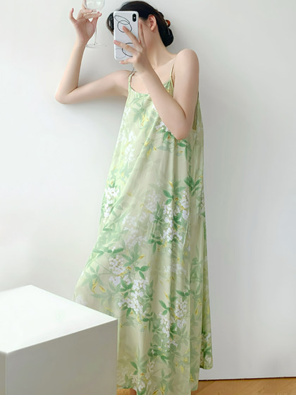 睡裙女夏清冷感禅意风仙女吊带拖地裙人造棉绸高级感连衣裙子显瘦