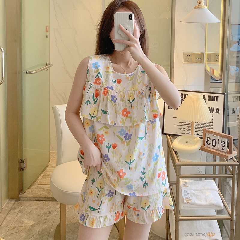 Anti-Bump Pajamas for Women, Summer Ultra-Thin Cotton Silk Summer Vest Shorts Sleeveless Suit, Cool Cotton Silk Home Clothes Anti-Bump Pajamas for Women, Summer Ultra-Thin Cotton Silk Summer Vest Shorts Sleeveless Suit, Cool Cotton Silk Home Clothes