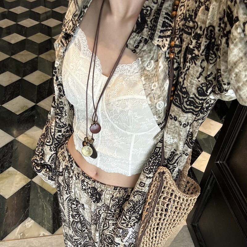 Bohemian Style Printed Loungewear Set for Women, Spring Three-Piece Set, Cotton Silk Cardigan and Long Pants, Can Be Worn Outside, Vacation Style