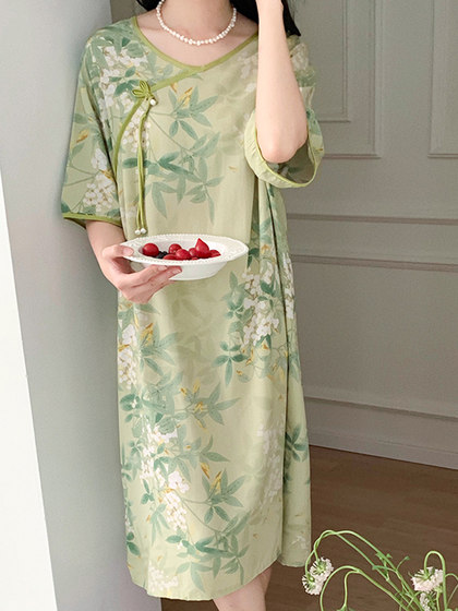 新中式旗袍领盘扣碎花棉绸连衣裙女2024新款短袖清新复古日常睡裙