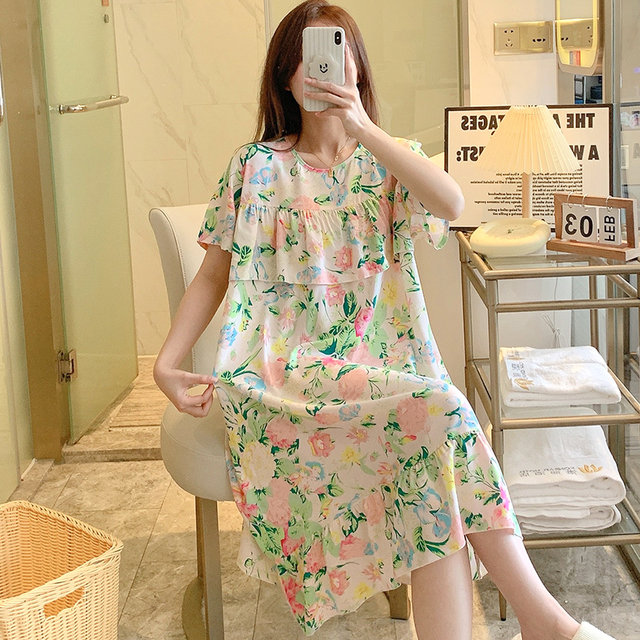 Anti-bulge nightgown for women summer thin large size cotton silk skirt 2023 new ice feeling cotton silk loose home clothes