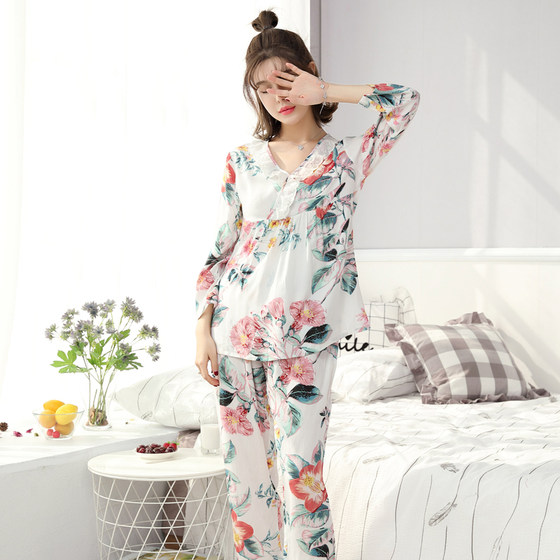 Spring and autumn cotton silk pajamas women's long-sleeved thin cotton silk suit Korean style artificial cotton loose home service large size