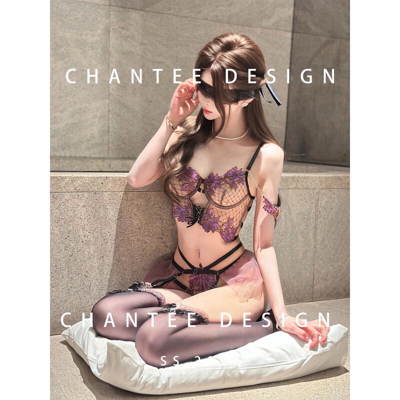 Sweet Tea Sexy Purple Embroidered Lace Bra Set for Women, Push-Up Lace-Up Lingerie, Garter Belt, Sheer Pure Desire Outfit Sweet Tea Sexy Purple Embroidered Lace Bra Set for Women, Push-Up Lace-Up Lingerie, Garter Belt, Sheer Pure Desire Outfit