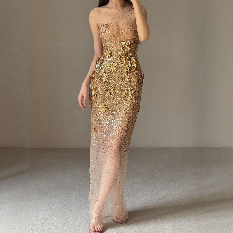 Luxury Champagne Gold Sequin Long Dress for a Wealthy Daughter's Engagement, Birthday, or Banquet Luxury Champagne Gold Sequin Long Dress for a Wealthy Daughter's Engagement, Birthday, or Banquet
