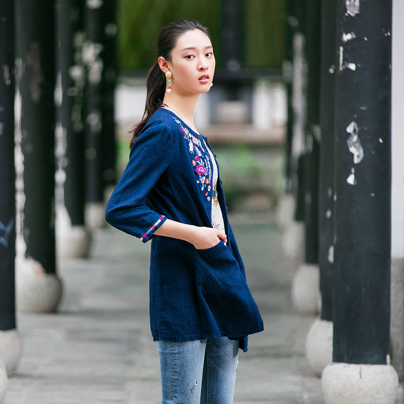 thương hiệu cá 2019 mùa xuân mới denim gió quốc gia bông xanh phung thêu loose-fitting bảy tay áo jacket