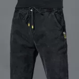 Осенние флисовые эластичные джинсы, штаны, повседневные брюки, 2025 года, эластичная талия, свободный прямой крой