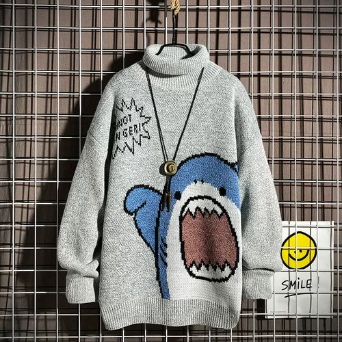 Зимняя японская мультяшная акула, брендовый трикотажный свитер для влюбленных, оверсайз, в корейском стиле, увеличенная толщина