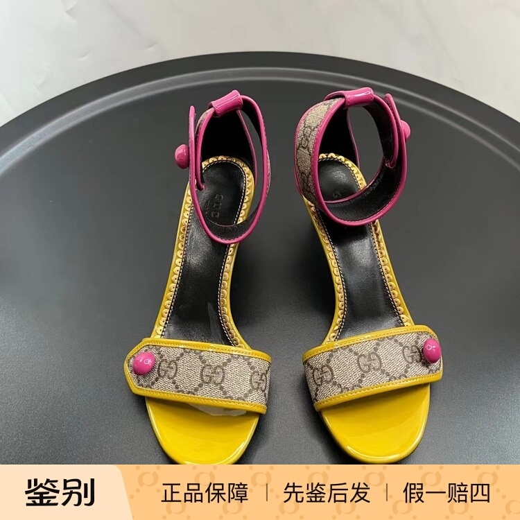 Gucci Gucci Monogram Canvas Patent Leather Women's One-Strap Sandals with Stiletto Heels for Summer Women