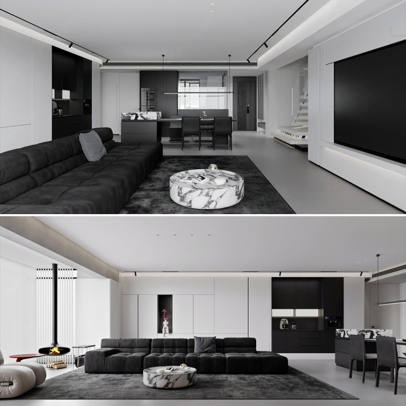 Black and White Wood and Minimalist Large Flat-Floor Residential Project Interior Design Cad Construction Drawings + Renderings