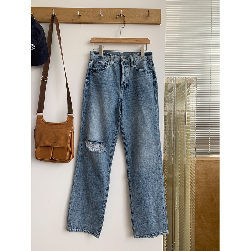 American California Light Luxury Brand Pistola, High-Waisted Straight-Leg Ripped Jeans, Single-Breasted, Recommended