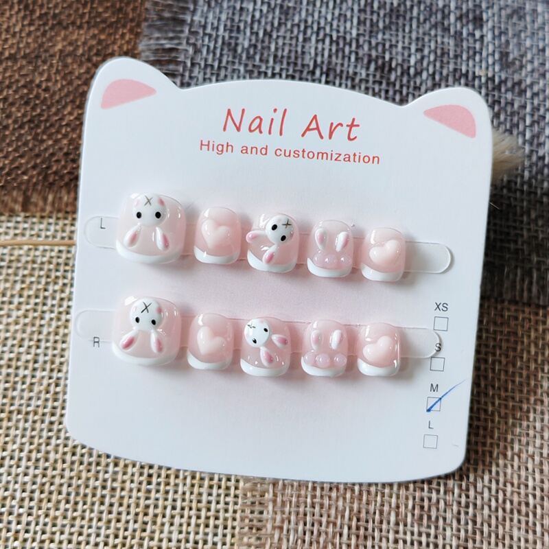 Children's Handmade Cartoon Pink Bunny Nail Stickers for Ages 3-6-10, Cute Short Style