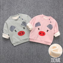 Baby autumn and winter clothes baby jacket 0-2 year old female plus velvet thickened foreign clothes childrens T-shirt autumn male tide