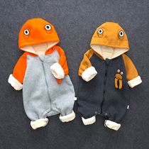 Net red baby climbing clothes baby autumn and winter plus velvet jumpsuit male double-layer ha clothes small crab female out of clothing 0-1 years old
