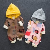 Net red baby climbing clothes baby autumn and winter plus velvet jumpsuit mens double-layer Hagi cat women out of clothing 0-1 years old