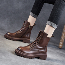 头层牛皮马丁靴女2021年新款冬季初冬加绒棕色2020棉鞋软皮面短靴