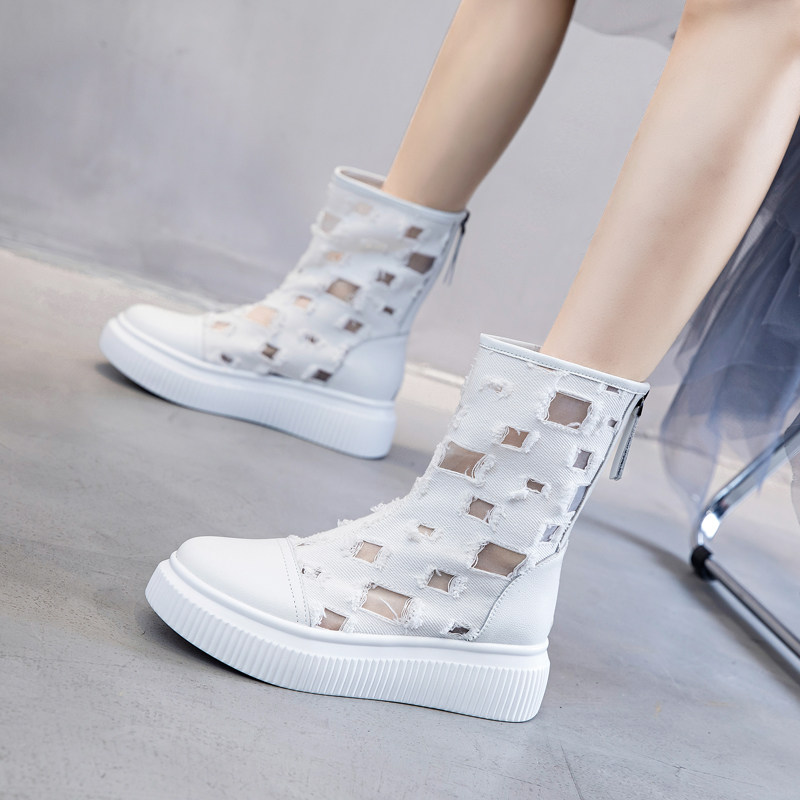 White Martin boots summer thin female breathable hollow thick bottom canvas hole yellow short boots cool boots summer sandals
