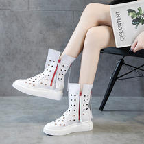 White short boots womens summer 2022 new breathable leather hollow womens boots sponge cake thick-soled cool boots Martin boots mesh boots