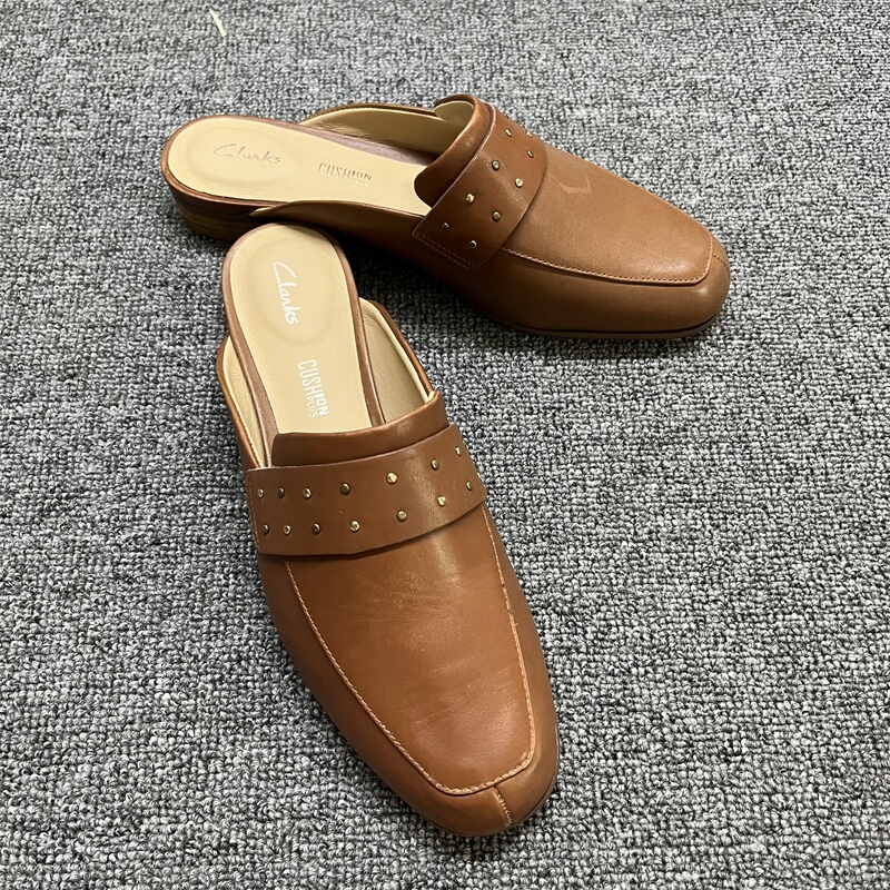 Clarks Women's Spring and Summer Half-Cap Toe Genuine Leather Slippers for Going Out Women's Shoes Flats Mule Shoes Pure Mule