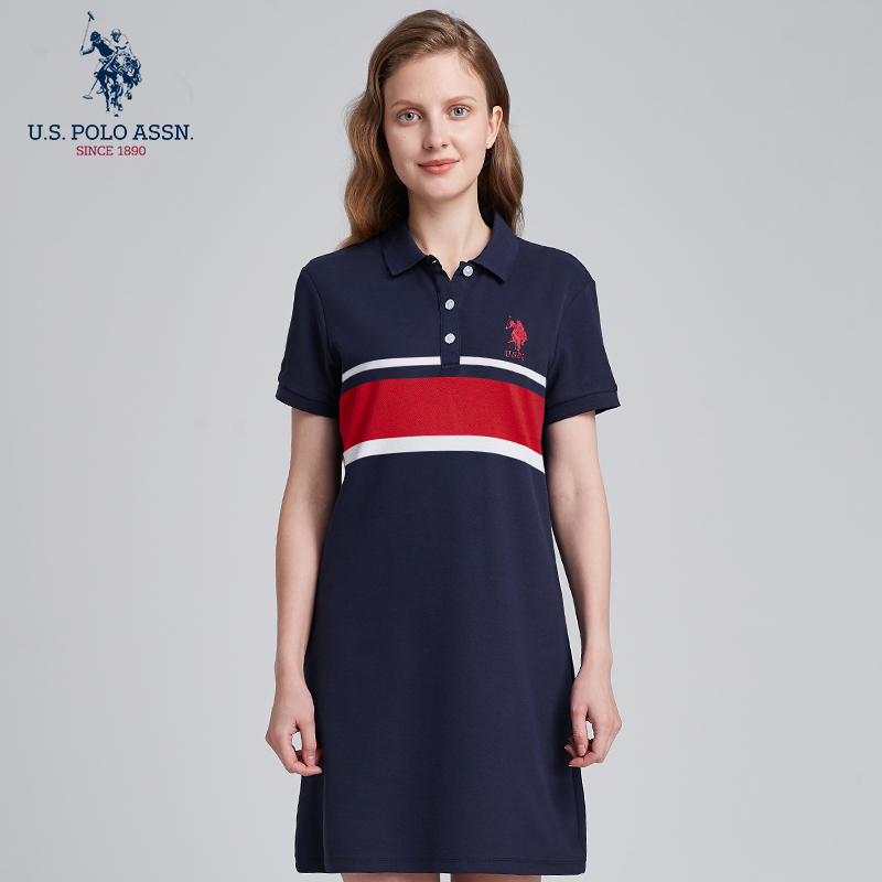 Us Polo Assn. American Polo Association Summer Short-Sleeved Polo Dress Color-Blocked Lapel T-Shirt Dress Breathable and Slimming
