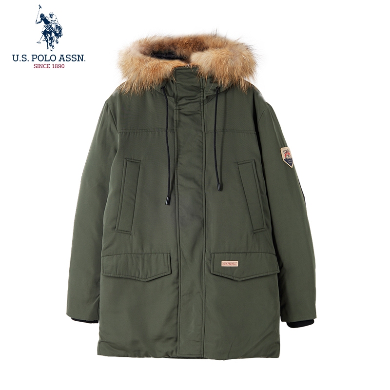 Uspoloassn United States Polo Assn. Winter Men's Thickened Hooded down Jacket with Fur Collar Mid-Length Coat
