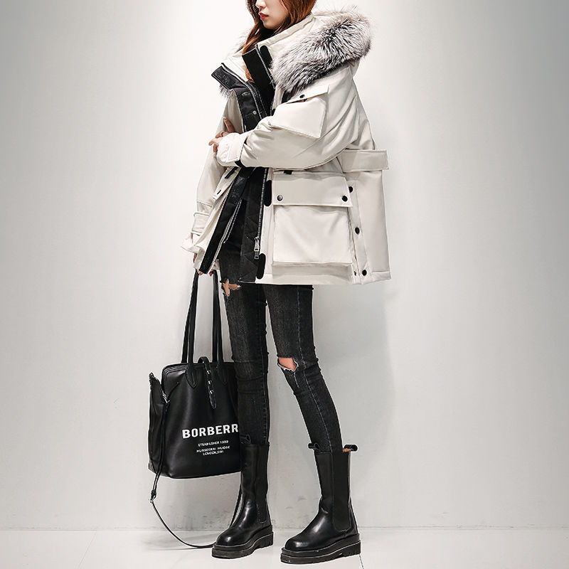 Parker down Jacket for Women, Mid-Length, New Style, White Duck Down, Zipper, Small Size, Large Fur Collar, Workwear, Thickened Coat, Trendy