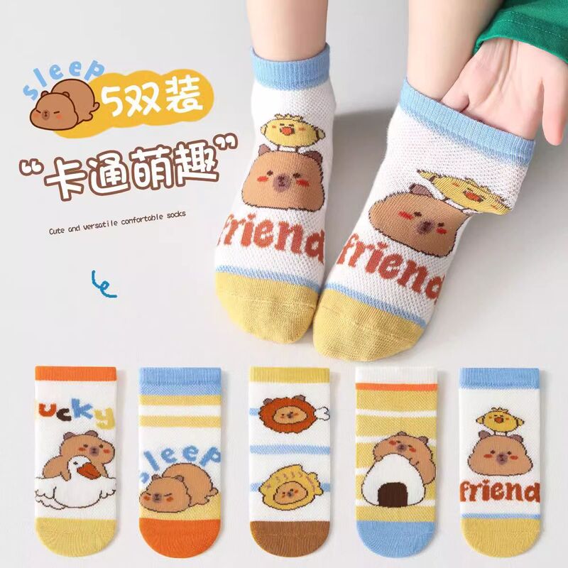 Spring and Summer Thin Capybara Children's Socks for Boys and Girls, Mesh Breathable Comfortable Short Socks, Capybara Mid-Calf Socks