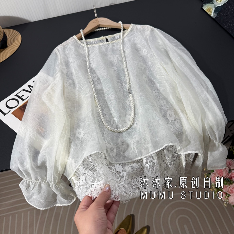 New Chinese-Style Fashionable Sweet Youthful Lace Shirt for Women 2026 Summer Round Neck Versatile Slimming Thin Top Sun Protection Clothing