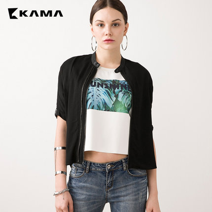 卡玛夏装 短外套女五分袖短袖夹克纯色薄外衣7216751
