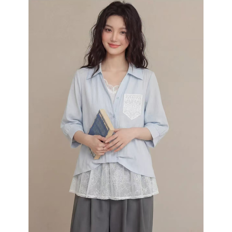 Yunfei Xiu Plus-Size Women's Clothing for Fat Girls, Korean Style Loose Fake Two-Piece Slimming Shirt with Design Lace Splicing Top for Summer