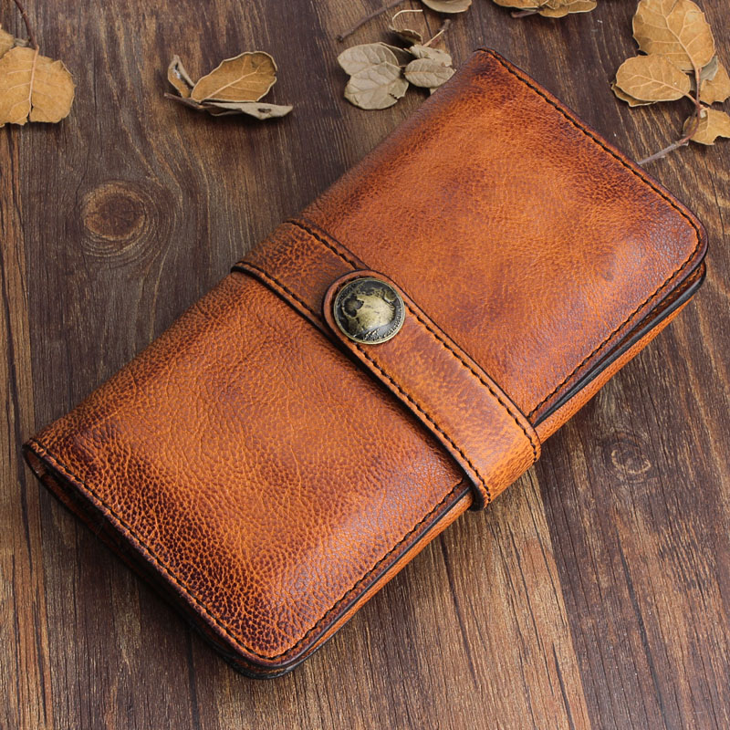 Original design handmade retro men's long wallet first layer cowhide women buckle handbag soft leather mobile phone bag tide