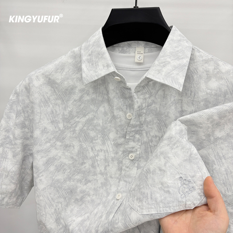 100% Cotton Shirt, Short-Sleeved T-Shirt, Fashionable Casual Style, Summer Pure Cotton Washed Workwear Printed Cardigan Shirt, T-Shirt