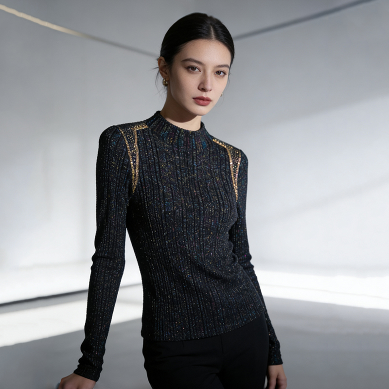 Jko&Coco Paris Night Crystal Yarn Knit Sweater with Shiny Thread, Imported Stylish High-End Chic Top