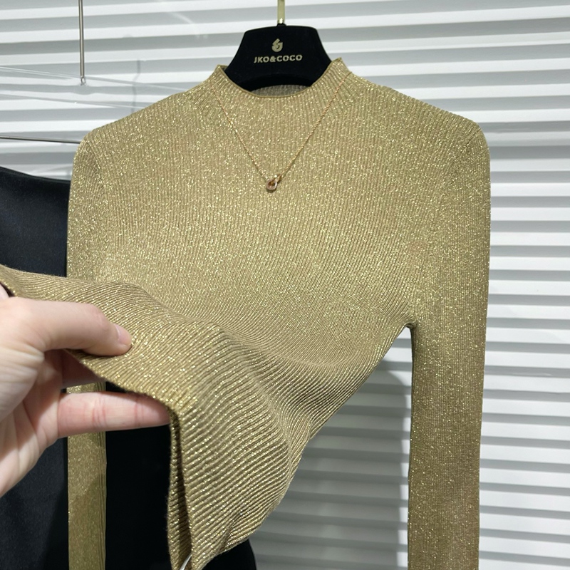 Jko&Coco Starry Crystal Yarn Knit Top with Shiny Threads, Fine Shimmering Base Shirt, High-End Beautiful Thin Top for Women