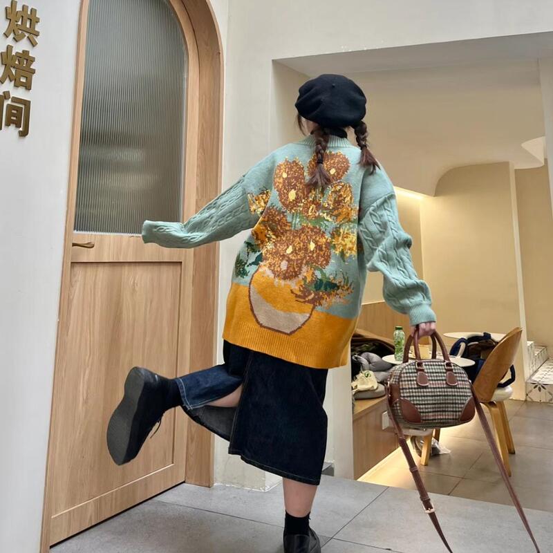 Spring and Autumn New Van Gogh Oil Painting Sweater Sunflower Cardigan Vintage Knitwear Coat Thickened Art Student Forest Style Women