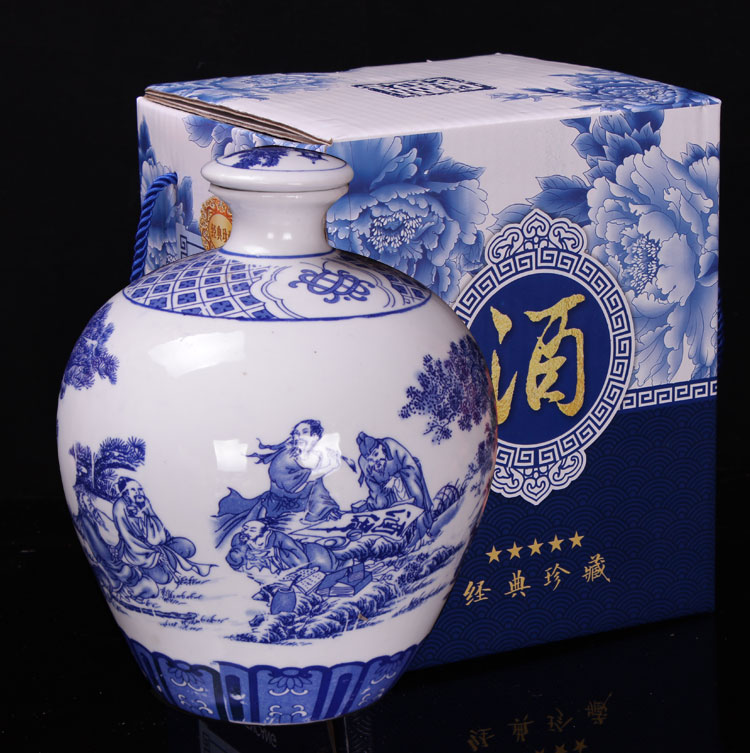 Bình gốm 5 kg chai rượu vang sứ màu xanh và trắng với năm pound số lượng lớn bao bì thùng rượu vang xi lanh niêm phong hộp rỗng gửi hộp các loại ly uống rượu