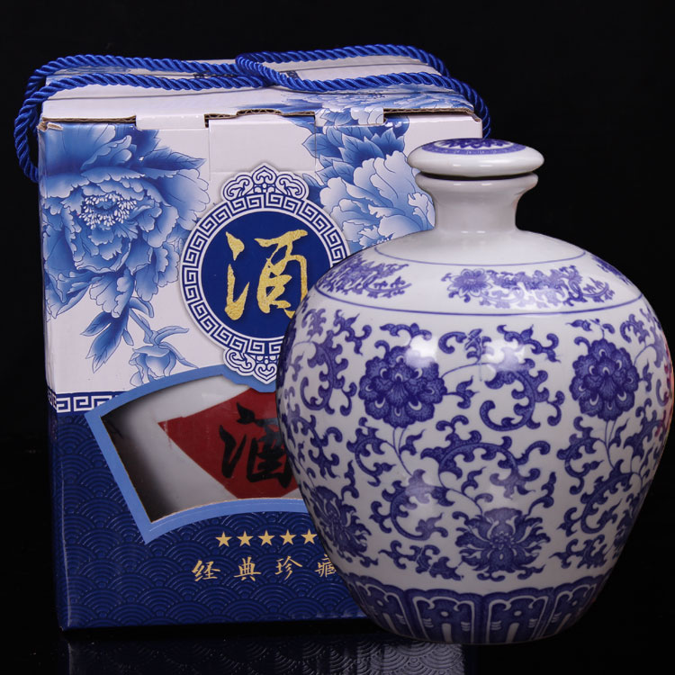 Bình gốm 5 kg chai rượu vang sứ màu xanh và trắng với năm pound số lượng lớn bao bì thùng rượu vang xi lanh niêm phong hộp rỗng gửi hộp các loại ly uống rượu