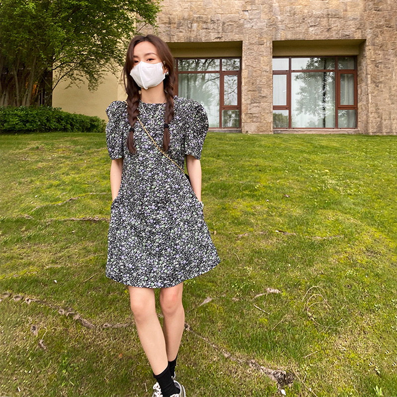 Golden Su Breaking Flowers Foreign Dress Women 2022 Summer Han Edition Loose Casual Bubble Sleeve Dress Chic Snowspun Dresses