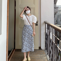 Golden Su One Blue Spotted Half Body Dress Woman 2022 Spring Summer Korean Version High Waist Display Slim a character dress chic open fork skirt