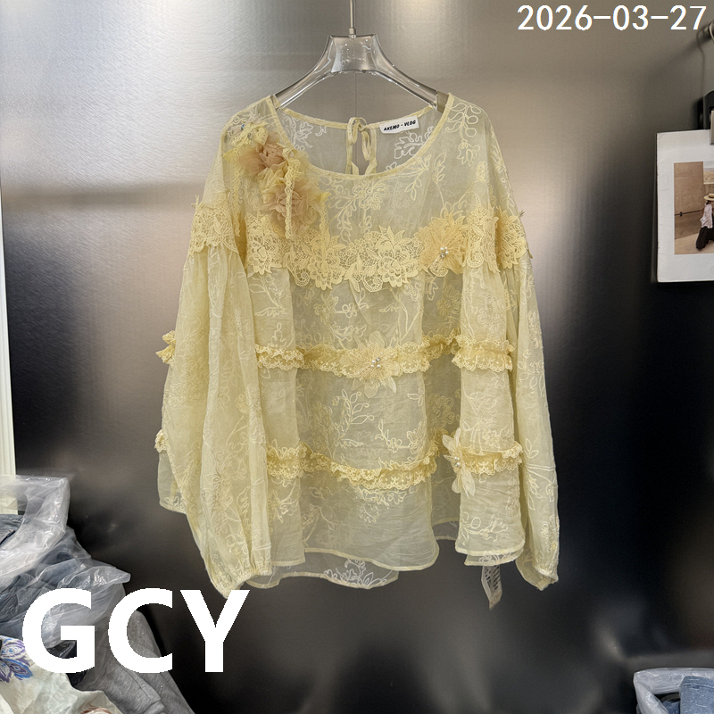European Station 2026 Spring New Romantic Lace Style Round Neck Three-Dimensional Flower Long Sleeve Shirt Women's Sheer Blouse 19