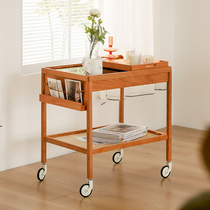 Nordic solid wood sofa side table living room cherry wood glass coffee table Japanese-style movable trolley with wheel locker