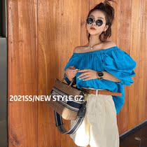 Guangzhou Qinjie 2021 summer French water blue temperament chiffon straight solid color strapless square collar short sleeve top