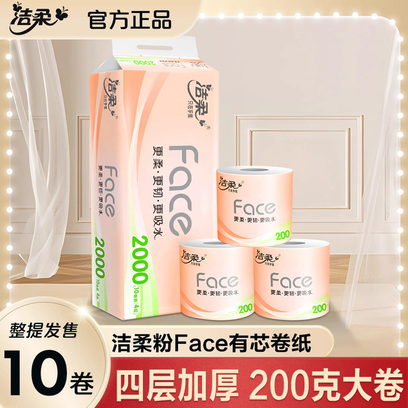 Jie Rou Toilet Paper with Core, 10 Rolls, 4-Ply, 2000g, Household Toilet Paper Pj214-10