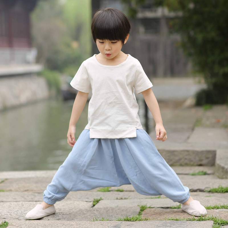 Trẻ em Tang váy boy set mùa hè gió Trung Quốc bé ngắn tay retro kiểu Trung Quốc Han quần áo hai mảnh được cải thiện cổ váy.