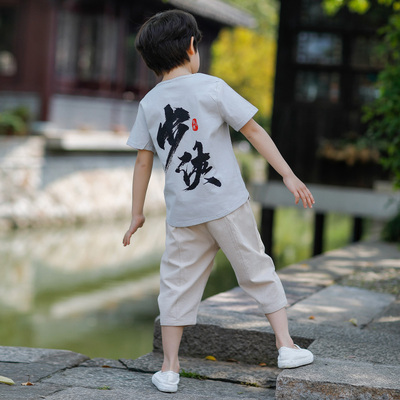 Trẻ em Tang váy boy set mùa hè gió Trung Quốc bé ngắn tay retro kiểu Trung Quốc Han quần áo hai mảnh được cải thiện cổ váy.