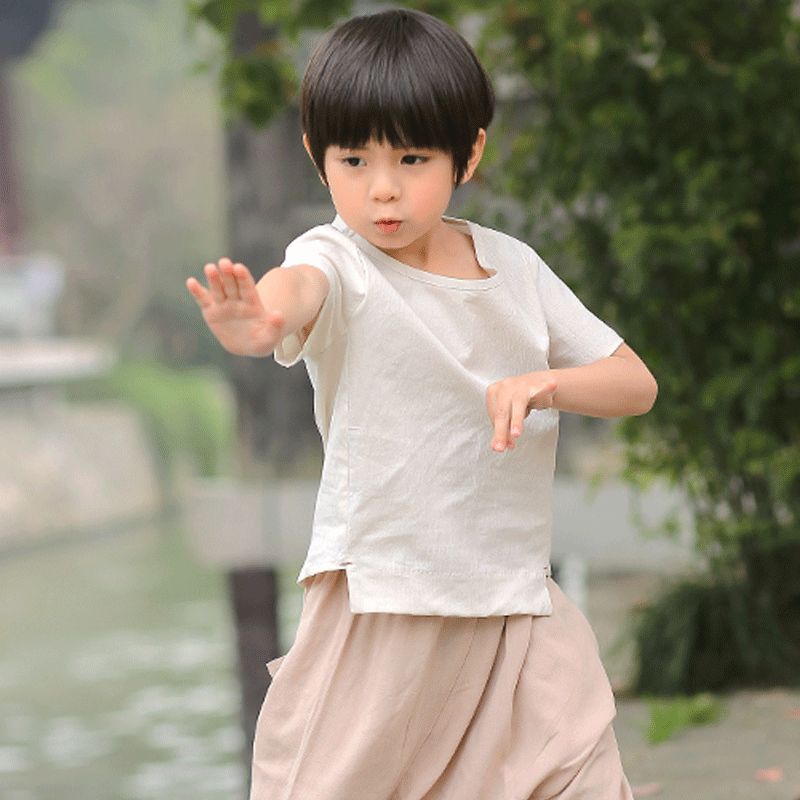 Trẻ em Tang váy boy set mùa hè gió Trung Quốc bé ngắn tay retro kiểu Trung Quốc Han quần áo hai mảnh được cải thiện cổ váy.