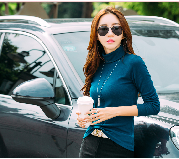 Cộng thêm áo nhung dày cổ cao tay dài đáy quần nữ 2018 ấm áp thu đông mặc áo thun cotton hoang dã mùa thu mặc ngoài áo phông nữ tay lỡ