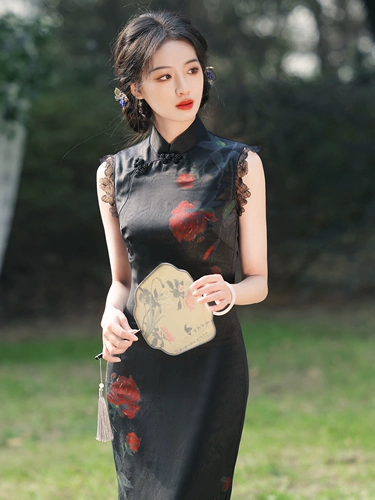 Легкое черное весеннее летнее ципао, китайский стиль, 2025 года