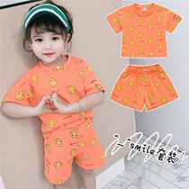 Baby short sleeve set Girls summer cotton T-shirt small children thin foreign smiley face shirt shorts two-piece set