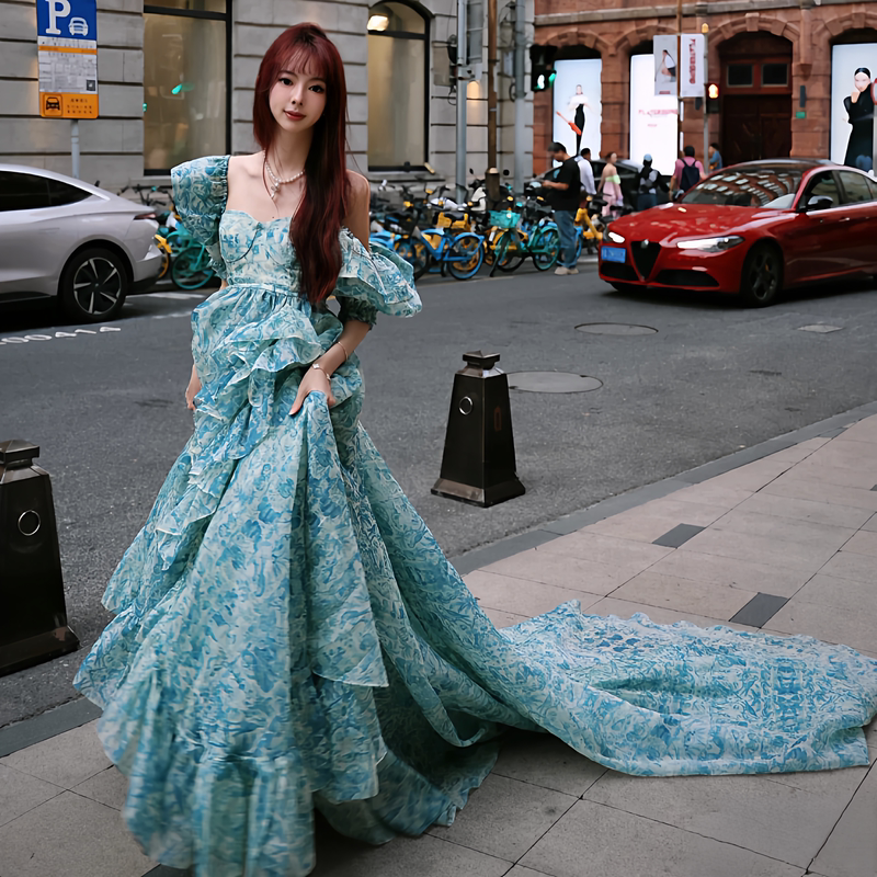 Selkie Ocean 2026 Spring and Summer New Blue and White Porcelain Print Puff Sleeve Dress Women's Long High-Waisted Floral Dress