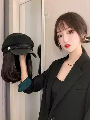 Hat wig one female fashion short hair natural wave head full head cover sweet black whole wig temperament